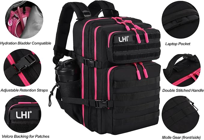 LHI Military Tactical Backpack for Men and Women 45L Army 3 Days Assault Pack Bag Large Rucksack with Molle System - Black with red zipper - Image 5