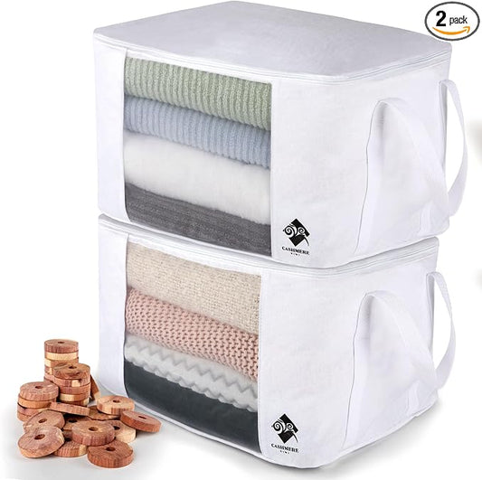 Sweater Storage for Closet – 2 Large Cotton Garment Bags, 30 Cedar Rings, & Mesh Window for Cashmere Sweaters – Wool & Cotton Sweater Organizer by Cashmere Kiwi, 15 x 11 x 9 In by Cashmere+Kiwi