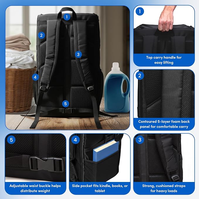 Otis 90L Extra Large Laundry Backpack Bag with Front-Load Access, Heavy Duty Backpack, Laundry Hamper with Padded Shoulder Straps & Waist Buckle for Dorm, Apartment, Laundromat & Travel. - Image 3