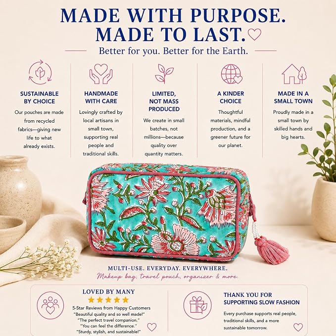 Travel Makeup Bag- Large Capacity Cosmetic Bags for Women - Water Resistance Lining Portable Pouch & Open Toiletry Bag - Perfect Girls Makeup Organizer for Travel Essentials (Green & Pink Floral) - Image 5