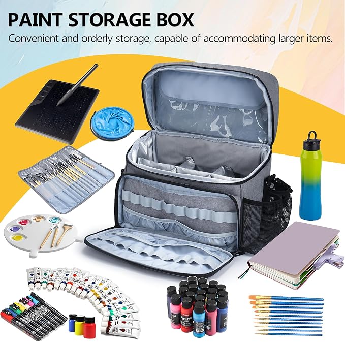Acrylic Paint and Brush Set Organizer Bag - Carrying Case Compatible with Apple Barrel, Shuttle Art, Caliart Art Supplies - Includes Detachable Paint Brush Holder - for Travel/Outdoor Sketching (Gray) - Image 5