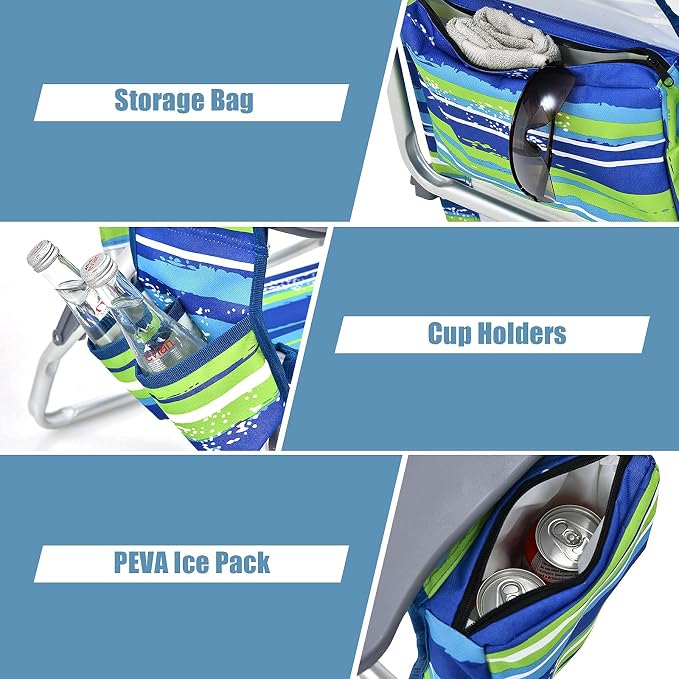 Giantex Folding Beach Chair, Patio Sling Chairs with 5 Adjustable Position, Head Pillow, Storage Bag, Towel Bar, Cup Holders, Backpack Chairs for Sunbathing, Camping Chair - Image 9