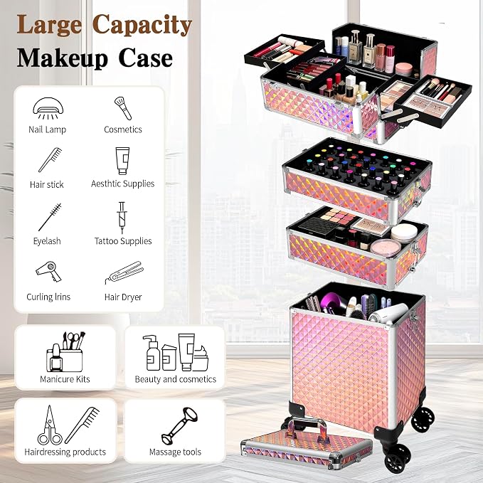 5 in 1 Rolling Makeup Train Case on Wheels Large Cosmetic Organizer Travel Cart for Women Beauty Salon Barber Hairstylist Pink - Image 2
