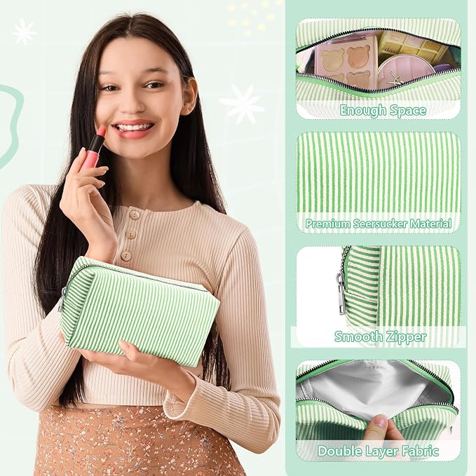 Giesiery 8 Pcs Seersucker Makeup Bags Striped Cosmetic Bags Bulk Organizer for Women Preppy Travel Toiletry Pouch for Wedding Bridesmaid Gifts (Green, Medium) - Image 3