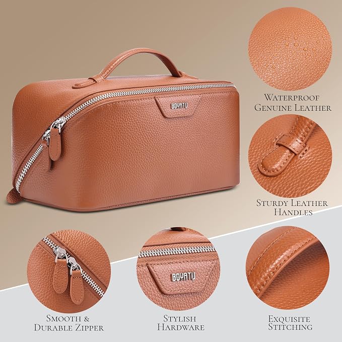 BOYATU Genuine Leather Travel Makeup Bag: Large Capacity 3 Pcs Set Cosmetic Bags for Women - Designer Waterproof Hand-made for Toiletry Organizer - Ladies Travel Essentials for Elegance (01Brown) - Image 4