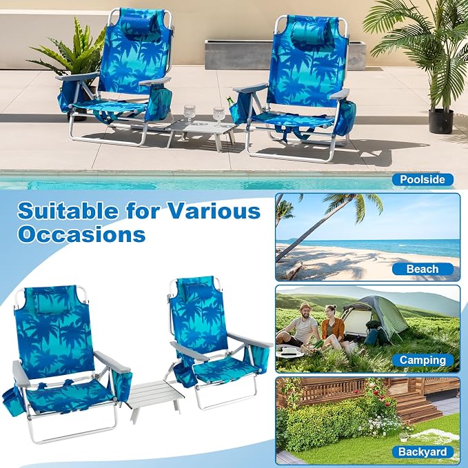 Giantex Folding Beach Chair, Patio Sling Chairs with 5 Adjustable Position, Head Pillow, Storage Bag, Towel Bar, Cup Holders, Backpack Chairs for Sunbathing, Camping Chair - Image 9