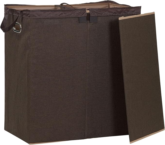 Household Essentials Collapsible Double Laundry Hamper with Lid, Two Compartments and Removable Liner Bags, Brown Finish - Image 7