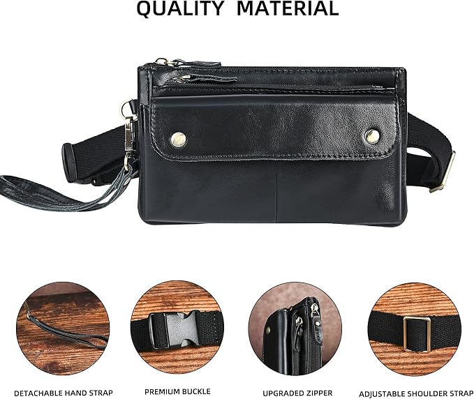 Water Resistant Canvas + Leather Hiking Riding Travel Fanny Waist Pack Small Phone Pouch For Men Women FB811-29 (100% Leather-The 8136 Black) - Image 5