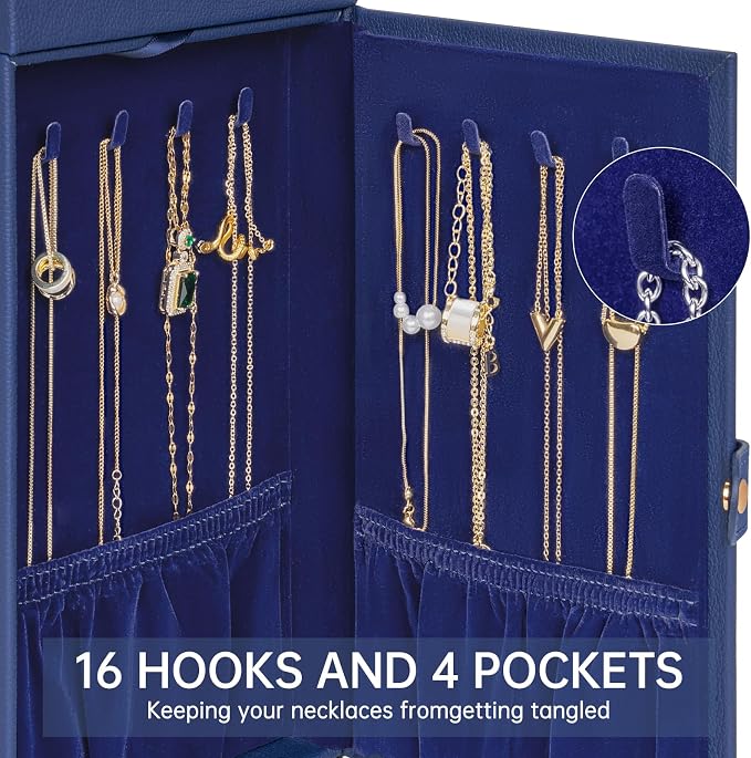 AKOZLIN 6-Tier Jewelry Box Organizer Functional 5 Drawers Leather Jewelry Storage Case for Women Girls Ring Necklace Earring Bracelet Holder Organizer with Mirror Medium Blue - Image 6