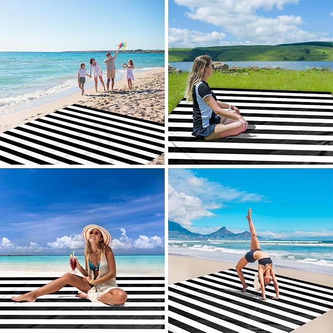 ADecor Waterproof Beach Blanket, Black & White Stripe Sand Free Beach Mat, Large 78''×86'' Foldable Compact Beach Blanket for 1-4 Adults with Stakes, Beach Vacation Essential Accessory Must Haves - Image 5