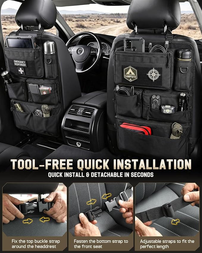 All in One Car Seat Back Organizer Fit Most Cars SUV Trucks Jeeps | Heavy Duty Molle Panel Seat Back Protector with Multi-Pockets Storage, for Tools, Toys, Camping, Travel, Daily Commuting - Image 5