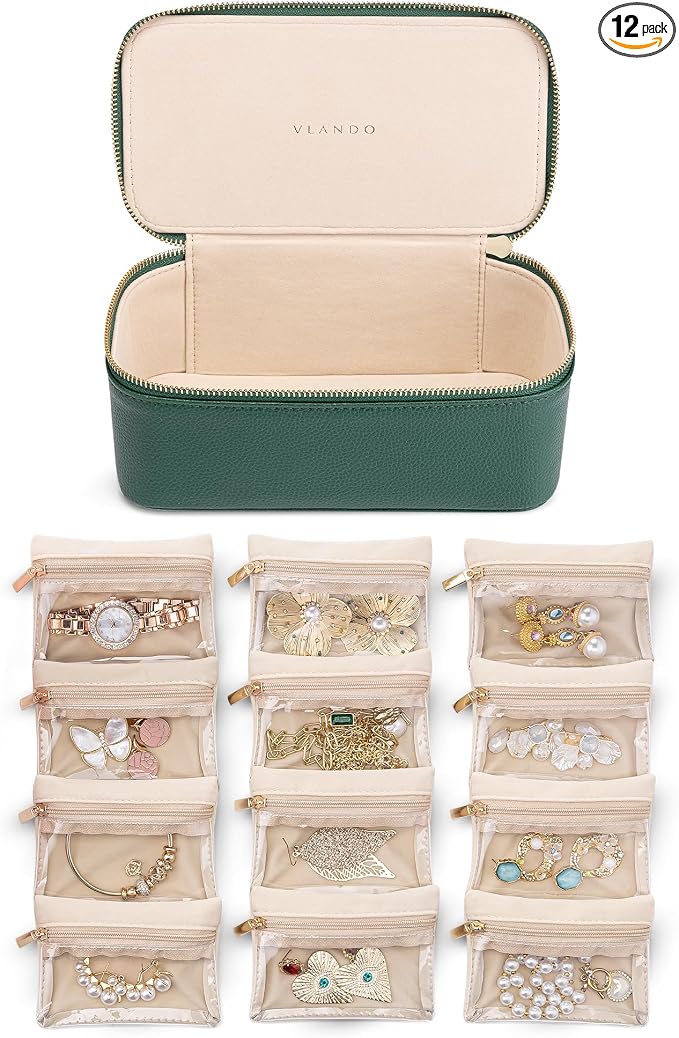VLANDO Gifts for Teachers,Jewelry Case with 12 Velvet Jewelry Bags Travel Jewelry Organzier for Travelers Necklace Rings Earrings Jewelry Bags Birthday Wedding Gifts (Green) by VLANDO