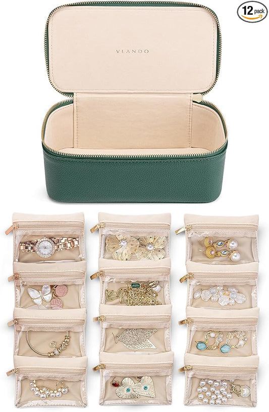 VLANDO Gifts for Teachers,Jewelry Case with 12 Velvet Jewelry Bags Travel Jewelry Organzier for Travelers Necklace Rings Earrings Jewelry Bags Birthday Wedding Gifts (Green) by VLANDO