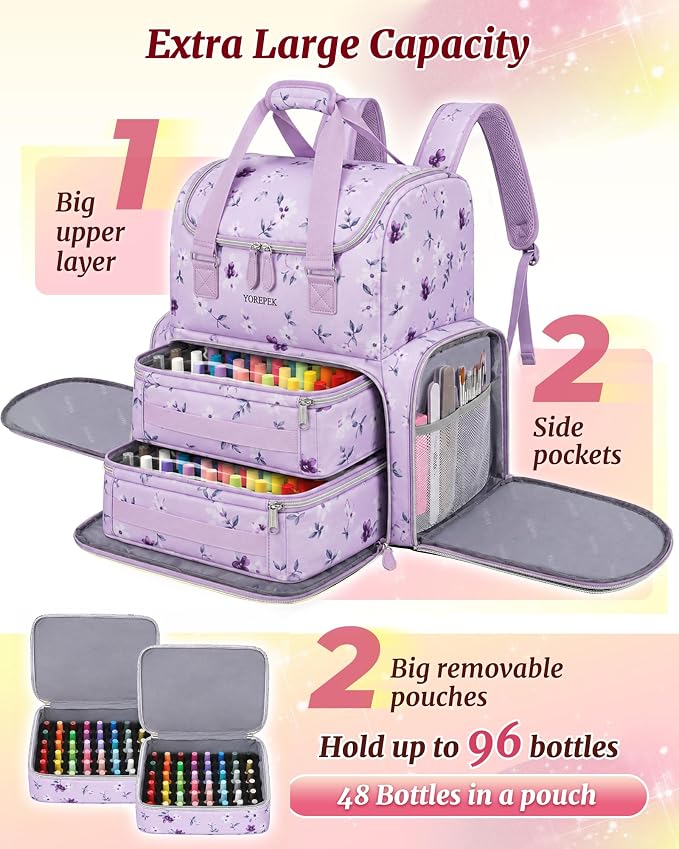 YOREPEK Travel Nail Supplies Organizer Backpack, Holds 96 to 100+ Bottles | Large Nail Tech Bag for Supplies & UV Lamp, Purple Floral Nail Organizers and Storage for Manicurist, Lavender Bloom - Image 3