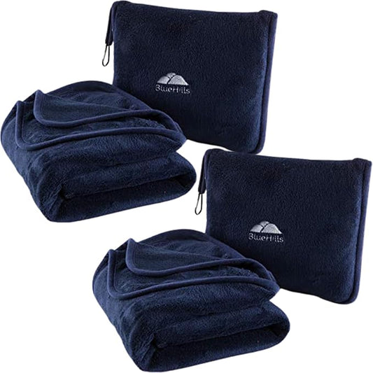 BlueHills Premium Soft 2-Pack Travel Blanket Pillows Airplane - Navy Blue | 2 Pack Travel Blanket Pillows for Two, Hand Luggage Belt & Carabiner, Matching Travel Gifts, Compact & Packable, Long Flights by BlueHills