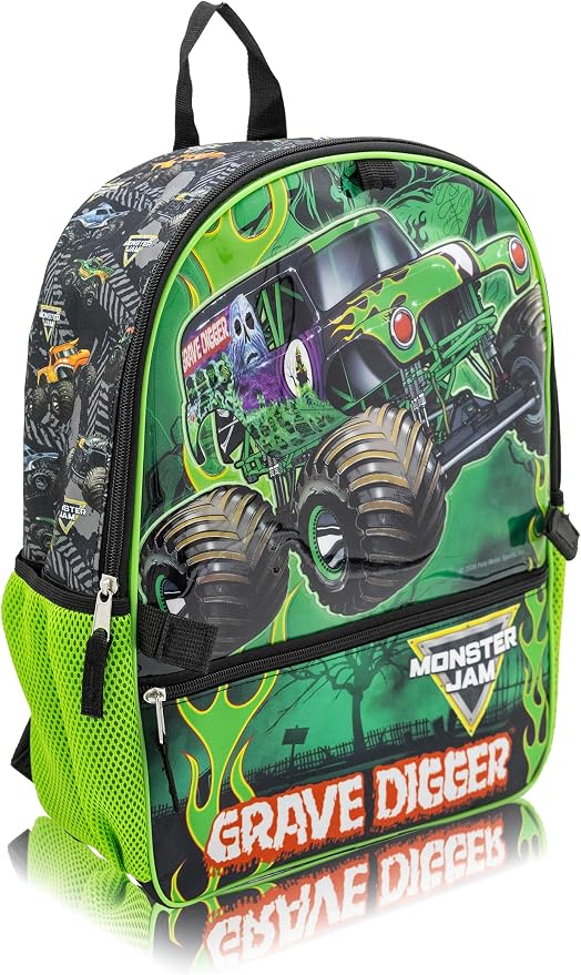 Fast Forward Monster Jam Backpack Set for Boys | 4-Piece Monster Truck Bookbag with Lunch Bag, Headphones, and Dangle | Grave Digger Kids School Backpack | Ages 3+ - Image 4