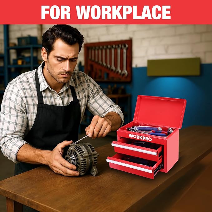 WORKPRO Metal Mini Tool Box with 2 Drawers and Top Storage | Cold Rolled Steel Toolbox, Ball Bearing Slides, PVC Drawer Liners, PP Feet Pads, Durable Storage - Image 6