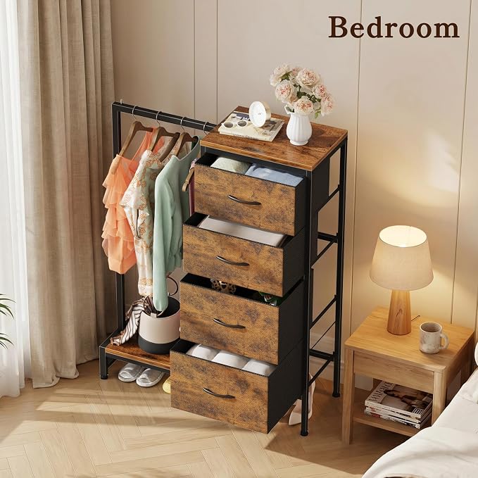 HIGDBFE Tall Dresser 44''H with Hanging Rack, 4 Drawers Small Closet Dresser for Bedroom, Reversible Fabric Chest of Drawers with Clothes Rack, Tall Storage Tower, Sturdy Frame, Rustic Brown - Image 6