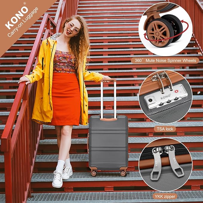 Kono Luggage Set 4 Piece Carry On Hardside Luggage with Spinner Wheels | Lightweight PC+ABS Carry On Suitcase with TSA Lock Apricot Grey - Image 4