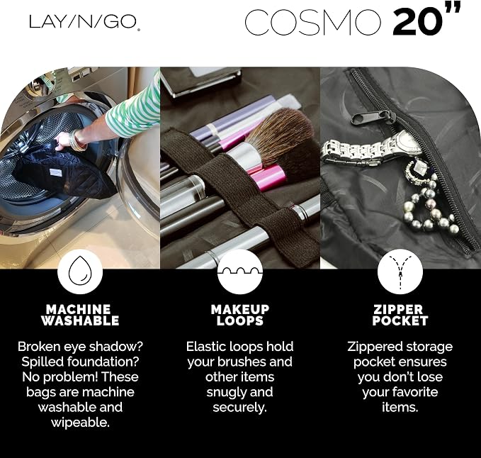 Lay-n-Go Cosmo Drawstring Cosmetic & Makeup Bag Organizer - Portable Drawstring Makeup Bag w/Zipper Pocket, Makeup Loops & More - Durable, Machine Washable Toiletry Bag (20", Comfort/White) - Image 4