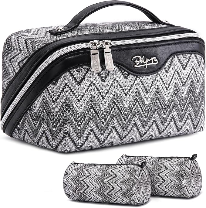 BOYATU Travel Makeup Bag for Women: Western Boho Make up Bag Set of 3 - Large Capacity Vegan Leather Cosmetic Bag - Waterproof Toiletry Bag with Compartments & Handle & Divider(J-3-Black) by BOYATU