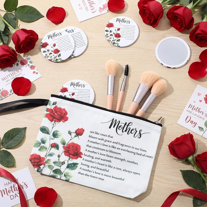 Kacctyen 20 Sets Mother's Day Gifts Bulk for Women Mom Makeup Bag Red Rose Inspirational Compact Mirror Cosmetic Bag with Zipper and Handle Pocket Mirror Toiletry Pouch for Women Mom Birthday Gift - Image 5