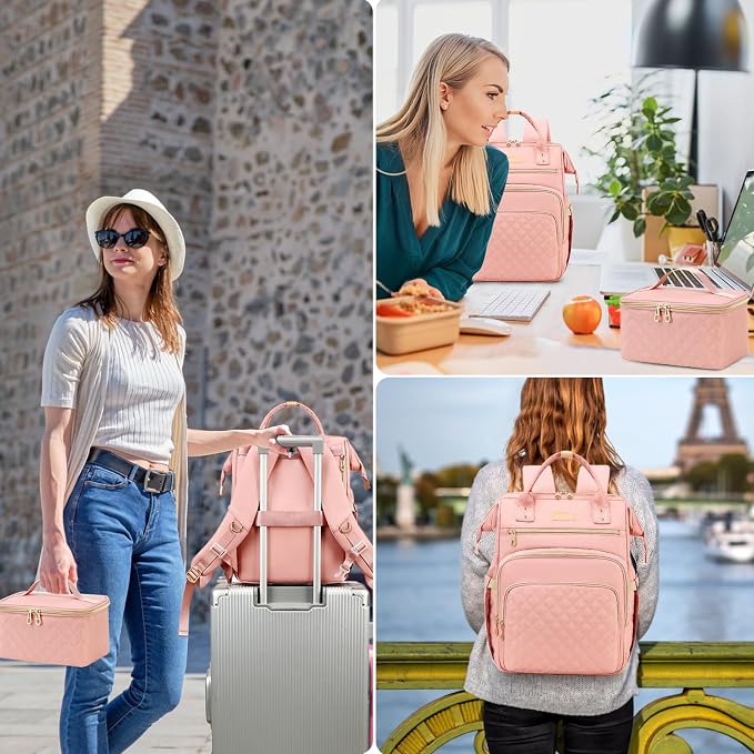 AIJIEKE Lunch Backpack for Women, 15.6 Laptop Backpack, Lunch Box, Pink | Water resistant computer bag with insulated leakproof cooler. Travel meal prep backpack for nurse, teacher, college commute - Image 7