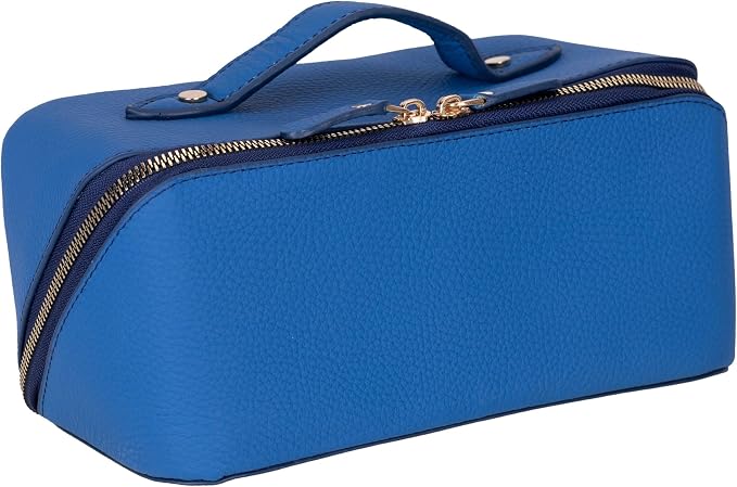 VENOULT Makeup Bag, Spacious Cosmetic Case for Women, Portable 180° Wide-Open Flat Cosmetic Bag, Travel Toiletry Organizer with Handle, Hanmdade, Full Grain Genuine Turkish Leather (Fun Blue) by VENOULT
