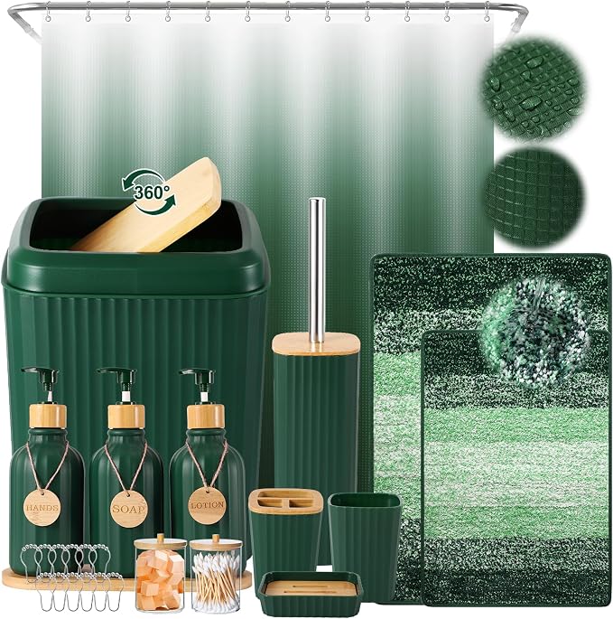32PCS Dark Green Bathroom Accessories Set with Shower Curtain,Rugs,Trash Can,3PCS Lotion Soap Dispenser, Toothbrush Holder, Soap Dish,Tumbler Cup,6PCS Wood Tags Bath Accessories with Tray for Bathroom by BetterbathroomwithXLHOME
