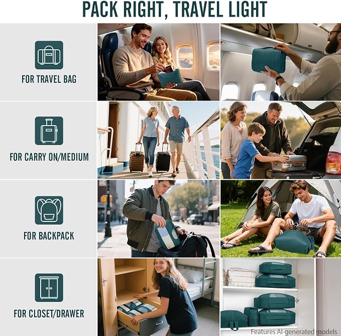 Veken 8 Set Packing Cubes for Travel Essentials,Anti-Wrinkle Buckled Suitcase Organizer for Shoe & Toiletry Bag,Carry On Luggage Bag with 99+ Count Mesh Holes for Airplane & College Dorm Accessories - Image 8