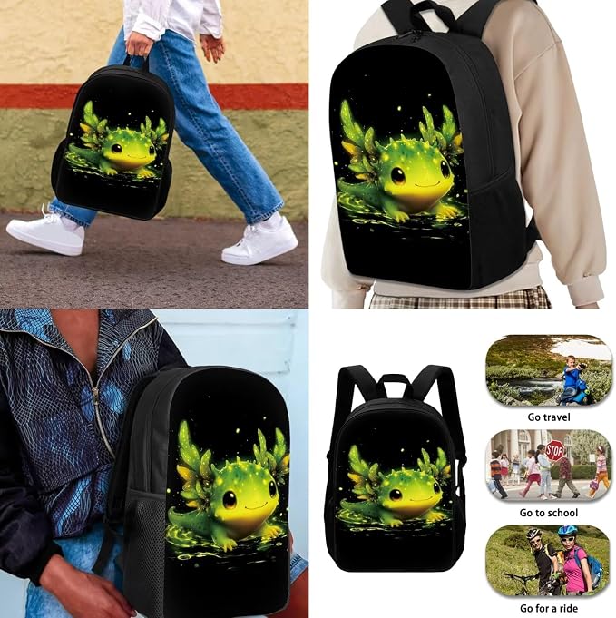 Green Axolotl Backpack with Lunchbox for Girls 4-6/6-8/8-10 Kids Bookbag and Lunch Box Set 4 in 1 Elementary Back Pack 17in Little Kids Book Bags Lunch Bag Pencil Case Water Bottle Holder - Image 3
