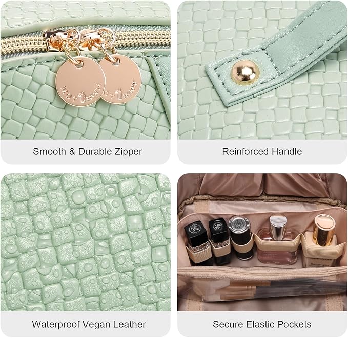 Travel Makeup Bag for Women: Designer 3 Pcs Set Cosmetic Bags for Women - Large Capacity Vagen Leather Hand-made for Toiletry Organizer - Ladies Travel Flat Open Essentials for Luxury (08Green) - Image 4