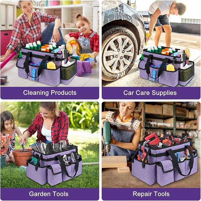 Cleaning Caddy Bag,Large Cleaning Supplies Organizer with Handle for Housekeepers,Purple - Image 6