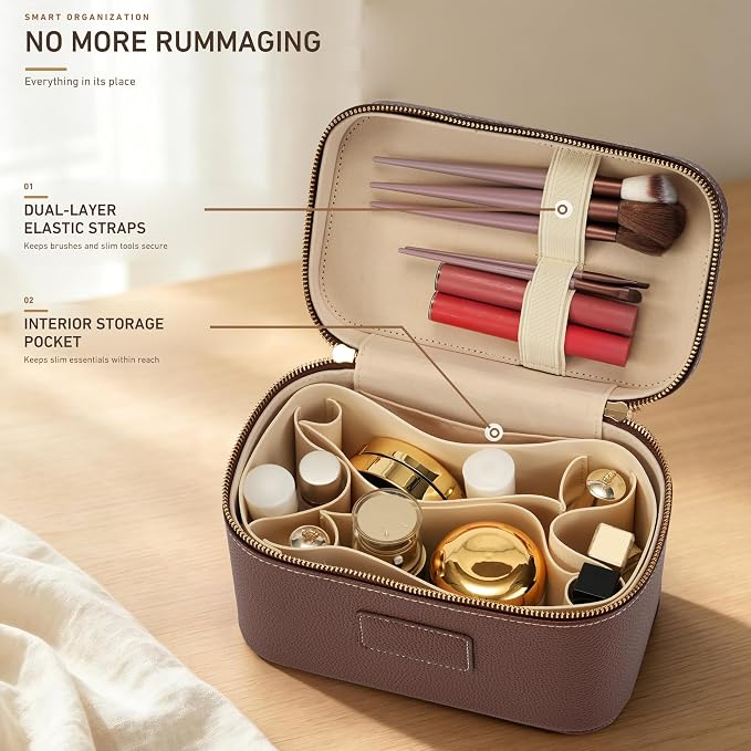 Makeup Bag Travel Toiletry Leather Cosmetic Case, Waterproof Makeup Organizer with Brush Holder, Wipe Clean Removable Divider Vanity Train Bag for Women, Brown Coffe - Image 4
