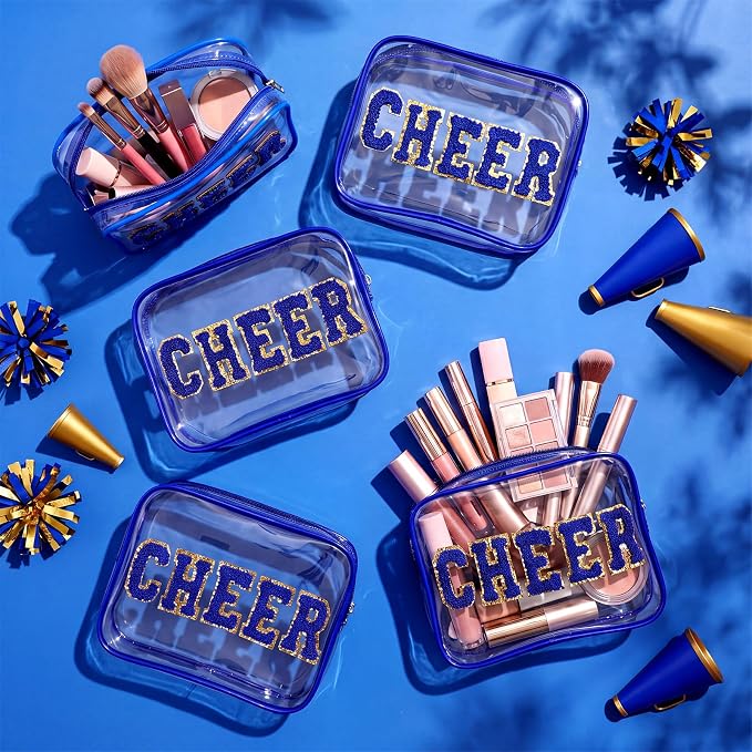 Kacctyen 12 Pack Cheer Clear Makeup Bags Bulk with Chenille Cheer Letter Patch Small Waterproof Cosmetic Pouch Zipper Travel Toiletry Bag Organizer for Women Girls Cheerleading Team Gift, Blue - Image 2