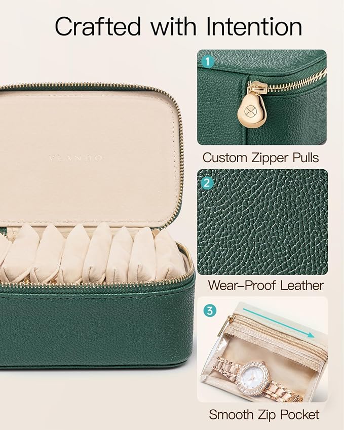 VLANDO Jewelry Box with 8 Velvet Jewelry Bags Travel Jewelry Storage Box Petal Hardware Jewelry Organizer for Necklace Rings Earrings Women Gifts for Christmas Birthday-Green - Image 4