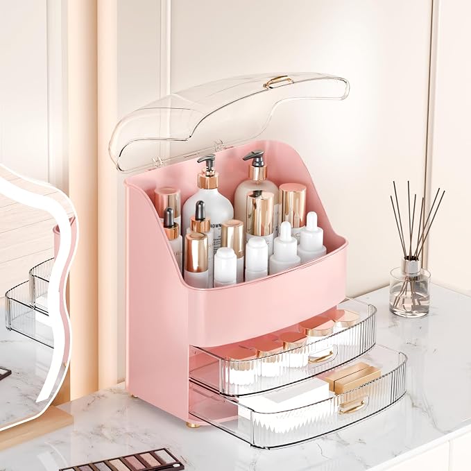 Makeup Organizer Countertop Vanity with Transparent Lid Drawers Waterproof Dustproof Cosmetic Skincare Bathroom Storage Gift for Women Teens Girls (Pink) - Image 3