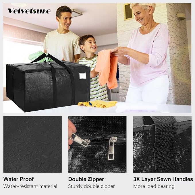 VELVETSURE Heavy Duty Extra Large Moving Bags W/Backpack Straps - Strong Handles & Zippers, Storage Totes For Space Saving, Fold Flat, Alternative to Moving Box and Storage Bin (Set of 6, Black) - Image 3