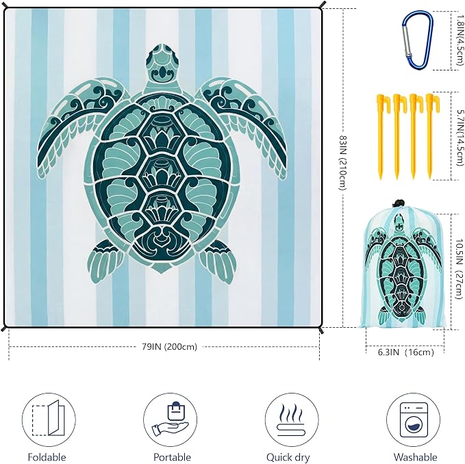 HIHOHO Beach Blanket Waterproof Sandproof Beach Mat 79”x 83” for 1-8 Adults Quick Drying Durable Outdoor Picnic Mat for Beach Festival Travel Camping Hiking (GN-Stripes Seaturtle, 79"×83"(4 Person)) - Image 3