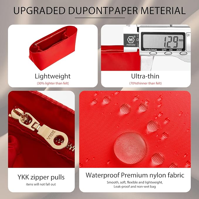 Doxo Purse Organizer Insert for LV Neverfull MM, Premium Nylon Bag Organizer with YKK Zipper & Bottle Holder, Multi Compartments Lightweight Waterproof Handbag Interior Divider, Red - Image 5