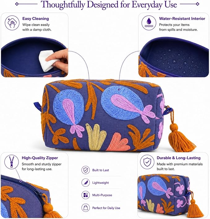 Huar Travel Makeup Bag- Large Capacity Cosmetic Bags for Women - Water Resistance Lining Portable Pouch & Open Toiletry Bag - Perfect Girls Makeup Organizer for Travel Essentials (Dark Blue) - Image 3