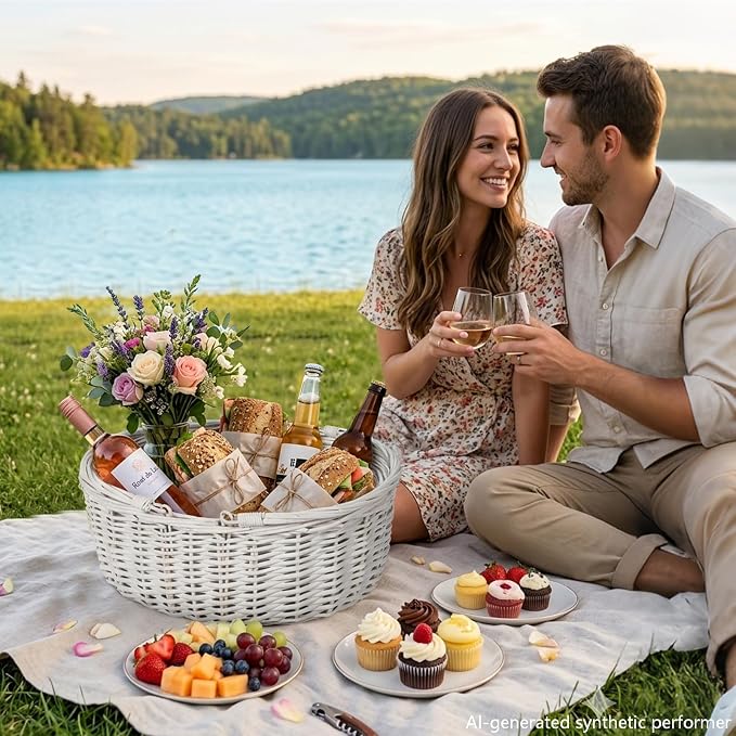 Wicker Picnic Basket with Insulated Lined Bag 15“ x 11” x 7“ Red, White Star Stripe Pattern, Iced Beer Insulated Bag for Camping, Picnics, Birthday Gifts, Wedding Gifts - Image 10