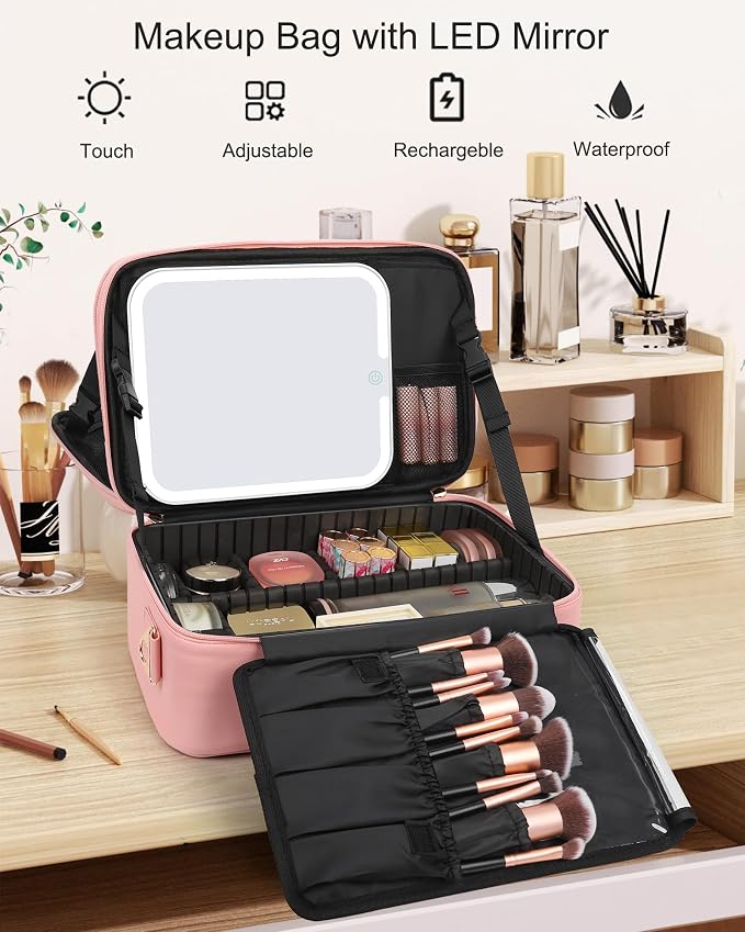 Chomeiu Makeup Bag with LED Mirror, Large Travel Cosmetic Train Case for Women, Makeup Artists Large Organizer Box with Vanity Light Up Mirror, 3 Color Lights, Adjustable Dividers (Pink) - Image 2