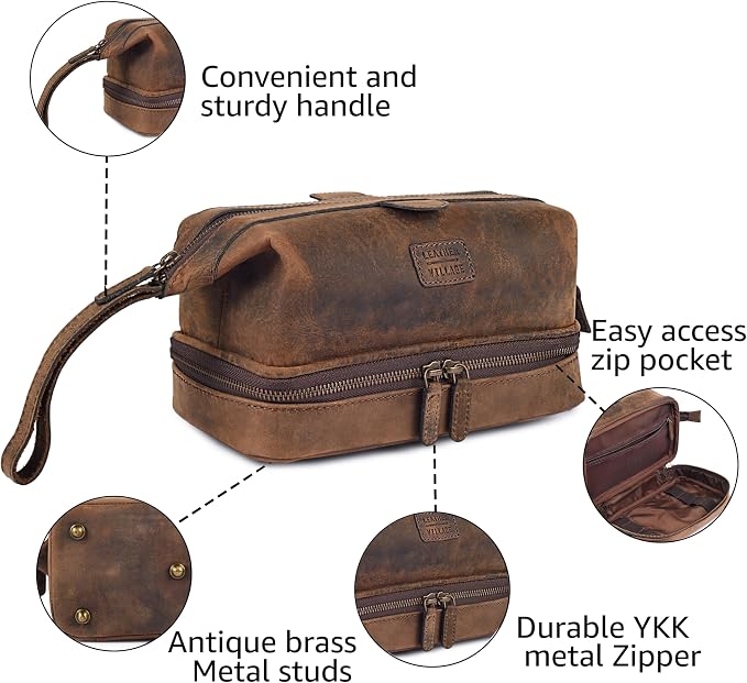 LEATHER VILLAGE Genuine Leather Dopp Kit – Large Travel Toiletry Bag with Waterproof Lining, Dual-Zip Design for Men & Women, Organizer for Shaving, Makeup & Essentials - Rustic Brown - Image 3