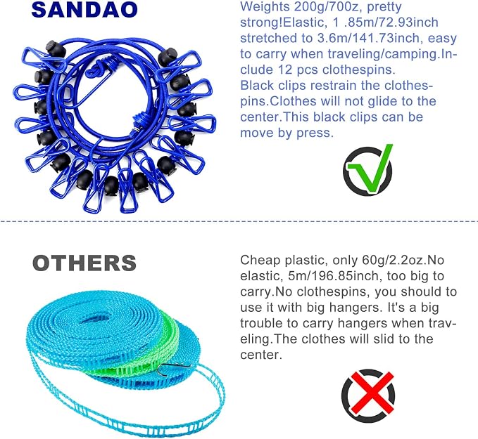 B&Y Travel Clothesline, Portable, Retractable and Adjustable Camping Clothesline, with a Non-Woven Bag, 13 Non-Slip Clips, 12 Clothes Clips, Indoor and Outdoor use (Blue) - Image 5