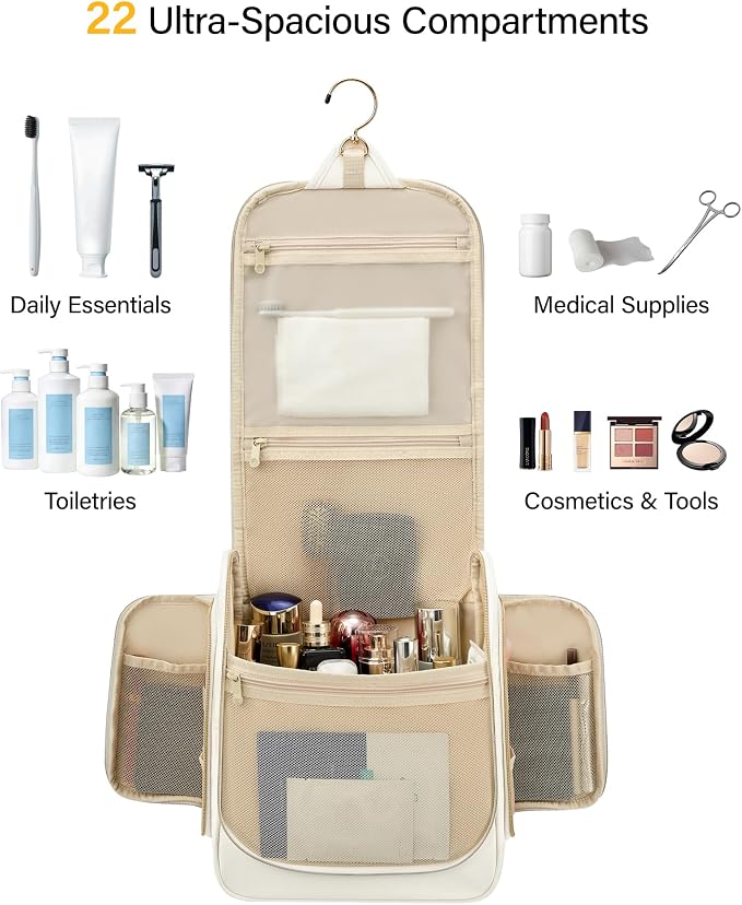 Hanke Hanging Travel Toiletry Bag for Men and Women, Water-Resistant Toiletries Bag Makeup Organizer with Hook, Cosmetic Bag for Bathroom & Travel Essentials Accessories, Off White - Image 3