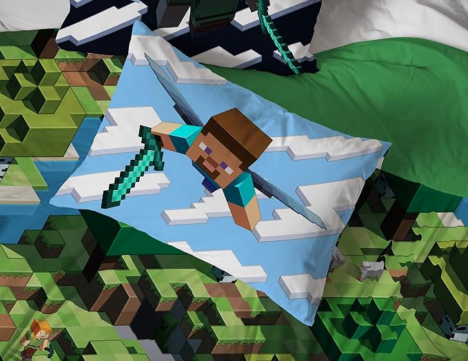 Minecraft Creeper Queen Comforter Set 7 Piece Kids Bedding for Boys, Green | Video Gaming, Bed in a Bag, Comforter Sheets Shams Pillowcases, Official Product, Microfiber, Machine Washable, Boys Gift - Image 6