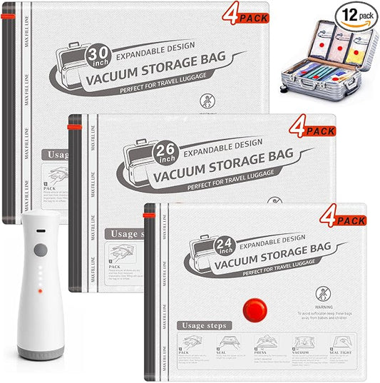Travel Vacuum Bags with Wireless Rechargeable Pump, Vacuum Seal Bags for Clothing, Compression Space Saver for Luggage & Suitcase, 12 Combo Travel Size by QIJIAYIHome
