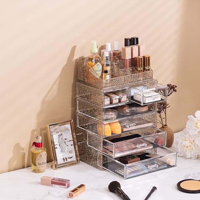 Sorbus Acrylic Makeup Organizer Set, 6-Drawer Vanity & Countertop Cosmetic Storage with Small & Wide Compartments, Glitter Makeup Storage for Brushes, Jewelry – Holiday Gift for Women & Teens - Image 5