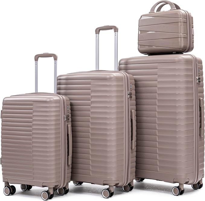 Merax Luggage Sets 4 Piece with Cosmetic Case Lock, Hardside Carry On Suitcase with Zippers Lightweight Rolling Travel Luggage Sets with Spinner Wheels,Champagne1 by Merax